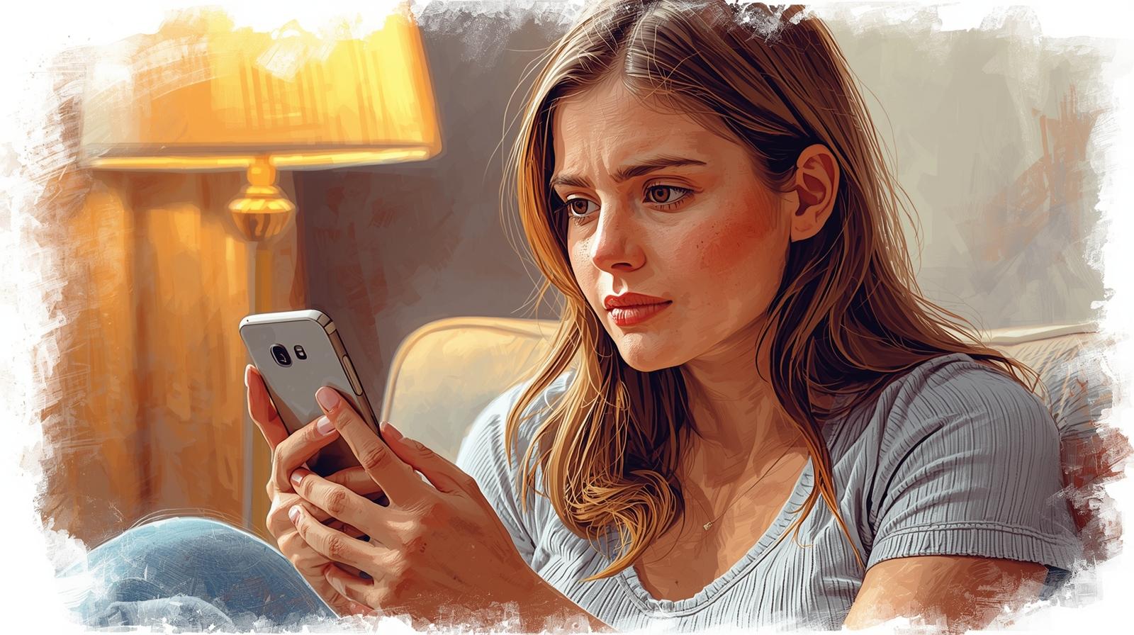 Young woman sitting on a couch, looking worried at her phone as she scrolls TikTok, thinking about setting healthier boundaries.