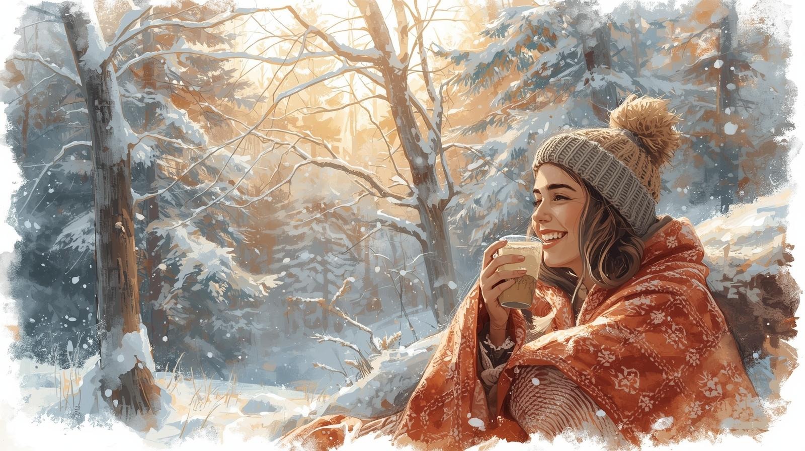 Wintering well: Private joy—practicing delight no one can grade. With FREE PDF workbook! 1 Smiling woman wintering in a snowy forest, wrapped in an orange blanket and sipping a hot drink—private joy at sunrise.