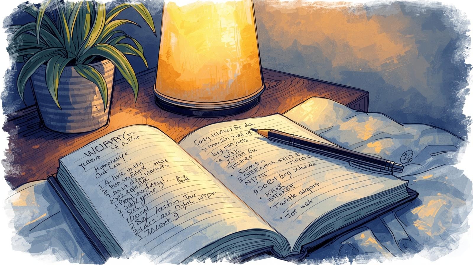 Open worry journal with pen by a warm bedside lamp and plant—nighttime writing ritual for calm.