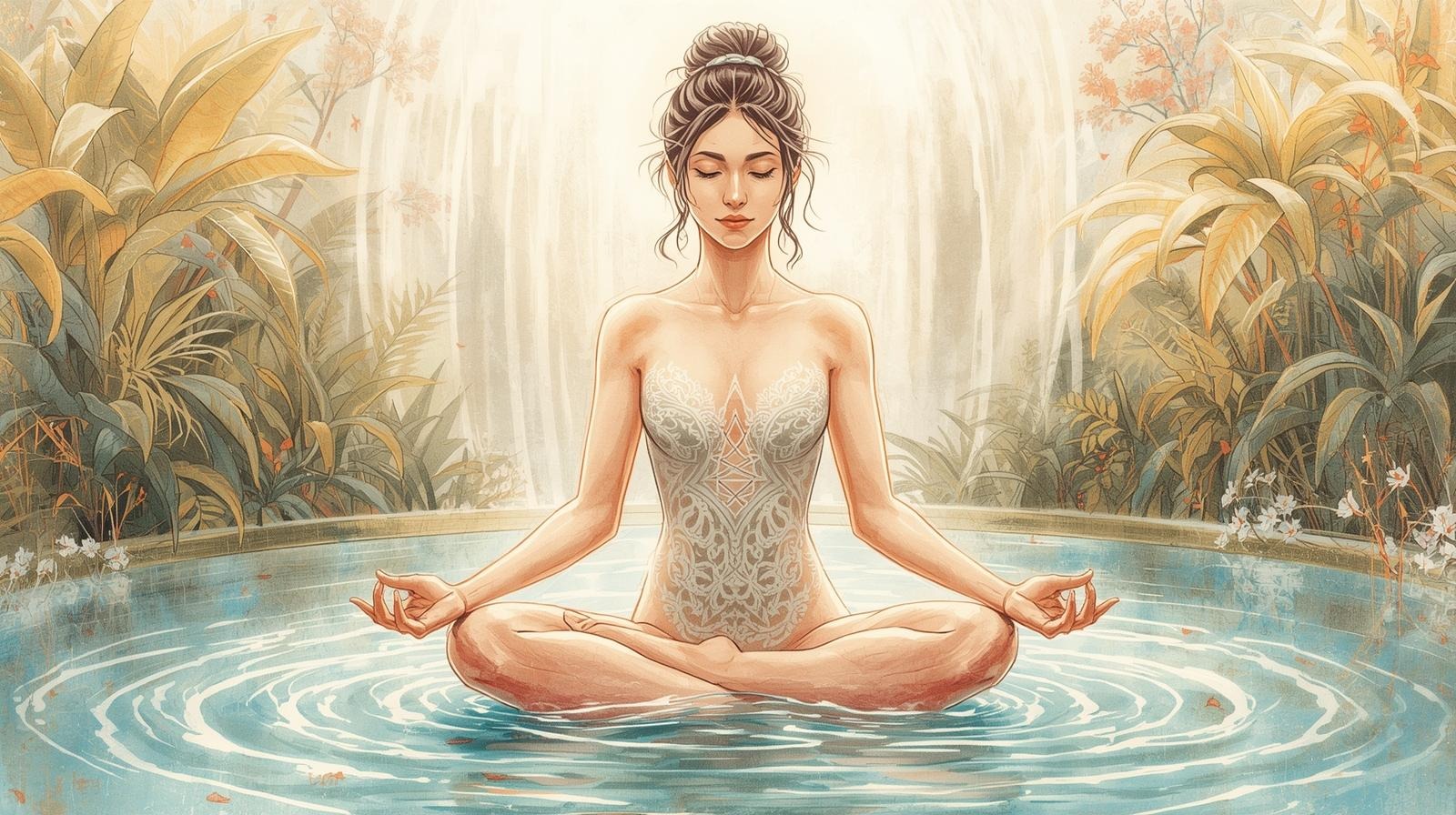 Woman meditating in lotus pose in a tranquil garden pool, watercolor style, symbolizing yin–yang balance, calm, and inner harmony.
