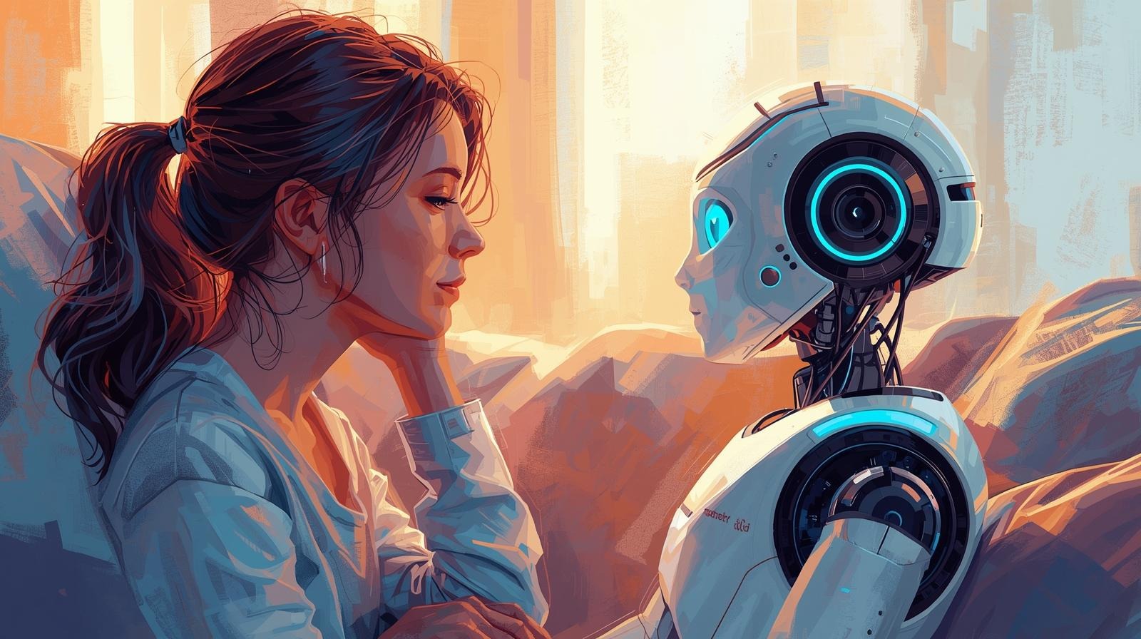 Woman sitting on a bed, gazing at a friendly robot in warm light—illustrating ai companionship and emotional comfort.