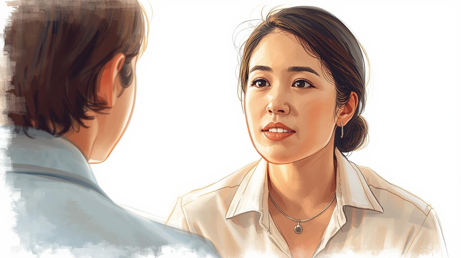 Woman speaking calmly to another person, showing how changing begging language into confident communication can create quiet respect.