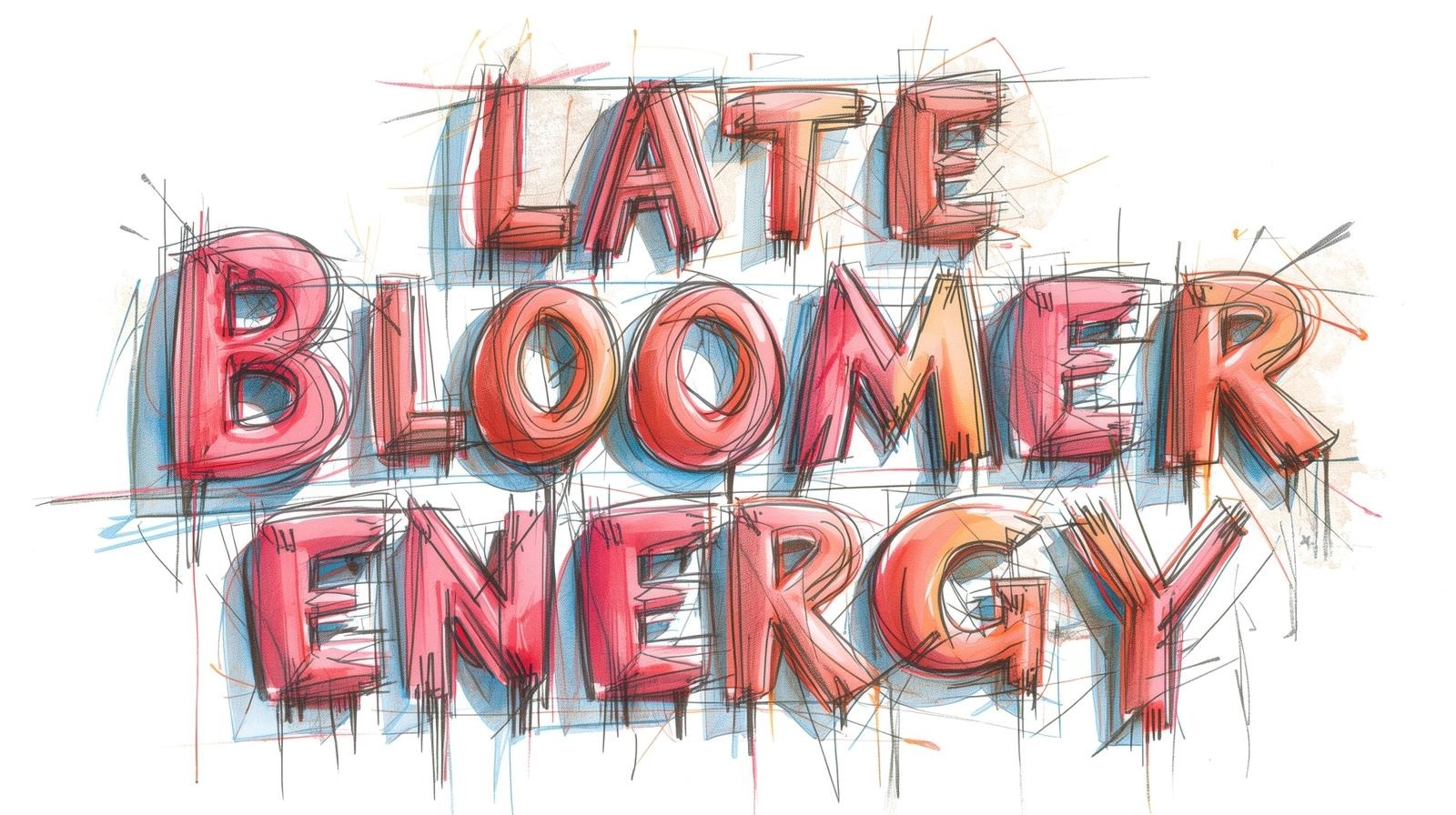 Late bloomer energy: Why Your ‘delayed’ life is secretly Your biggest superpower 1 Hand-drawn “late bloomer energy” lettering in bold pink and orange sketch style on a white background.