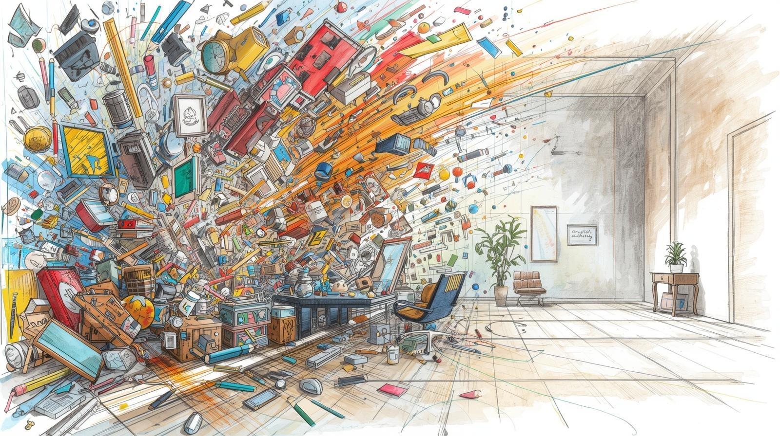 Illustration of a room split between colorful chaos of flying objects and a calm minimalist corner, symbolizing how normal life feels boring after chaos.