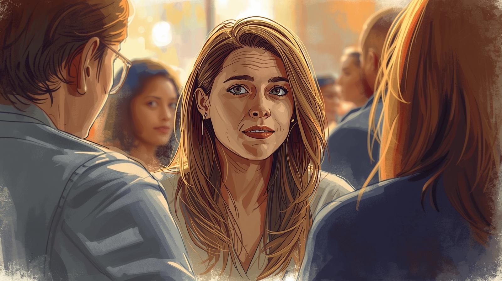 Woman at a social gathering looks uneasy while two people talk to her—capturing breakup shame when others ask what happened.