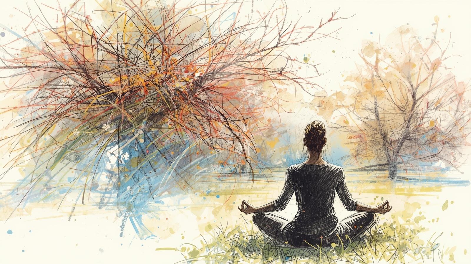 Woman meditating outdoors while a chaotic tree mirrors a busy brain that comments on everything, slowly settling into calm.