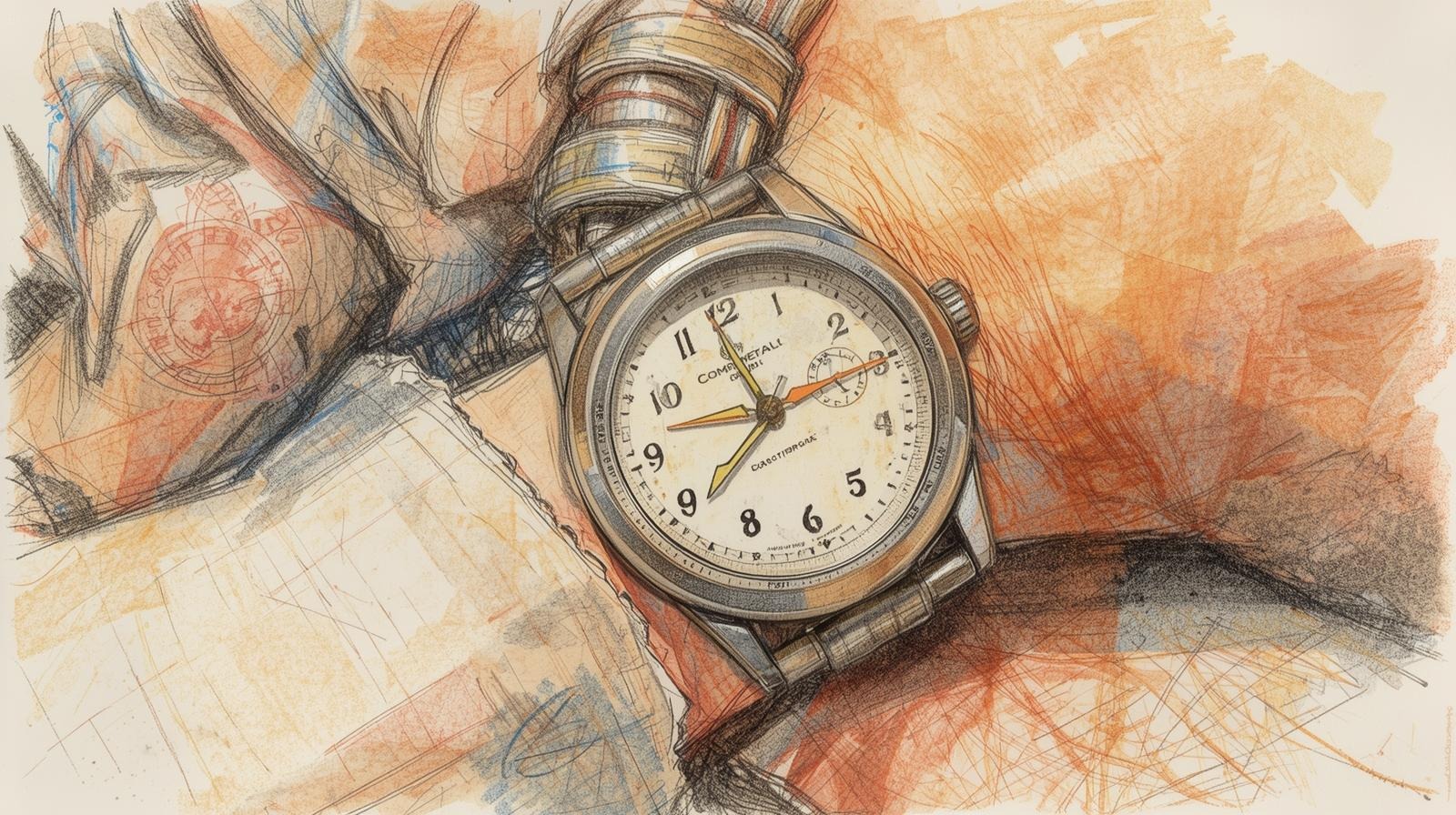 Artistic sketch of a vintage wristwatch on a wrist, symbolizing a protected boring hour for calm and nervous system reset.