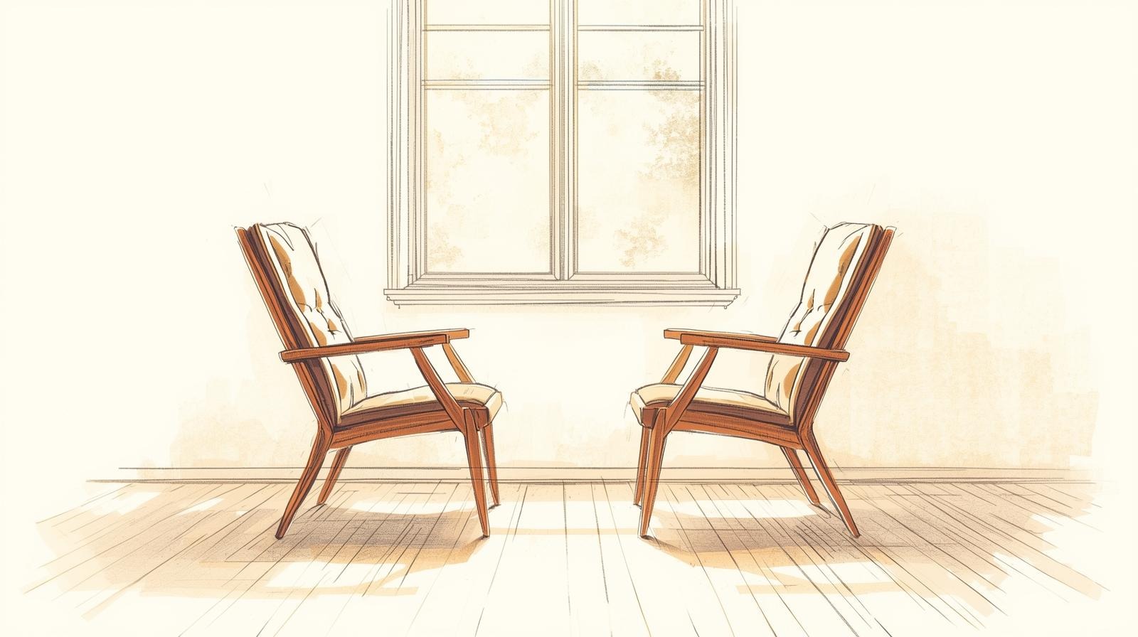 The two chair reset: A weirdly effective, science informed way to switch states fast (even when Your brain won’t cooperate) 1 : Minimalist illustration of two wooden armchairs facing each other by a window, symbolizing the two chair reset practice.