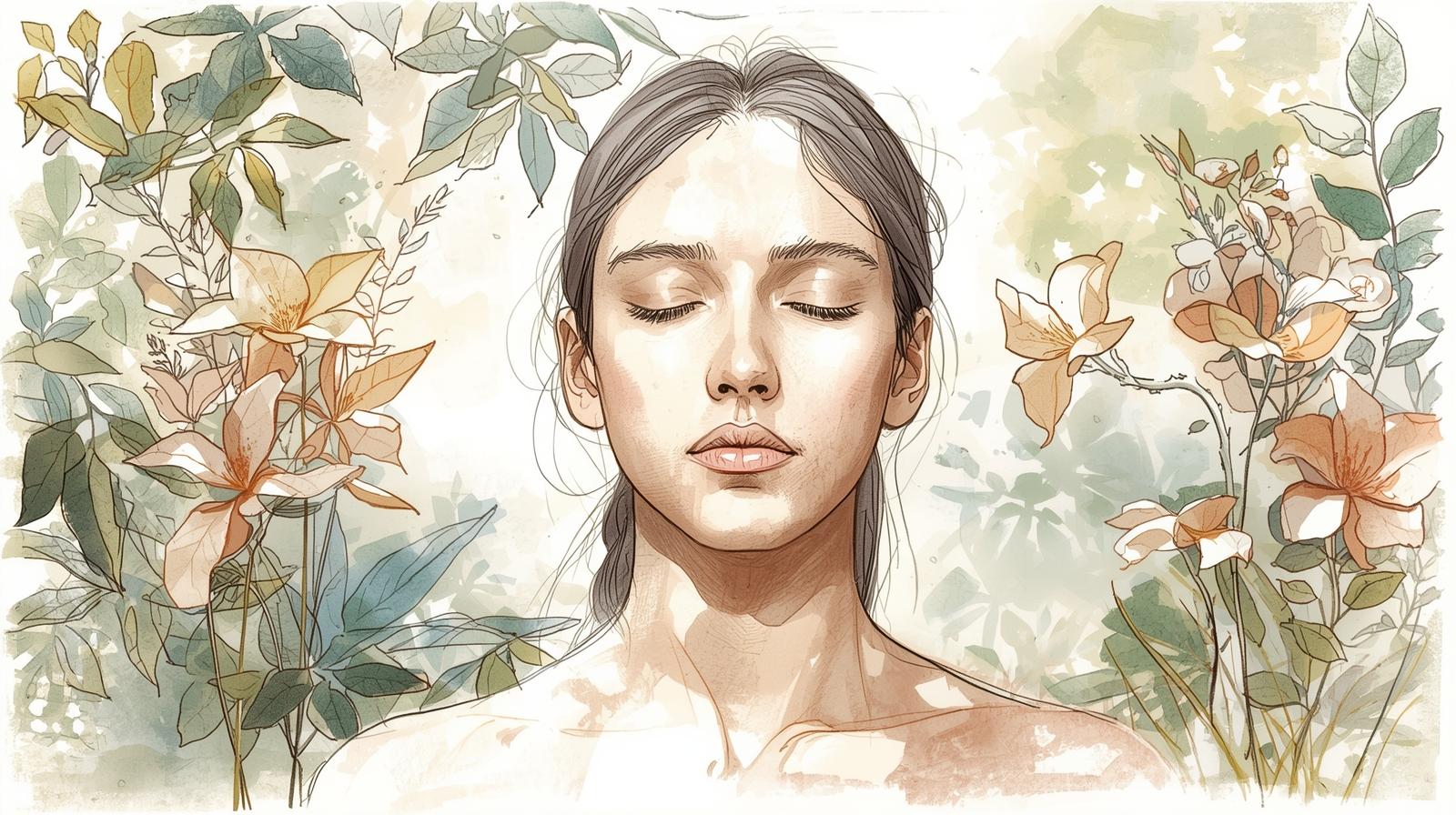 Composure is a skill, not a personality trait: How to practice staying calm under pressure 1 Woman with eyes closed surrounded by soft flowers, embodying composure and calm in nature