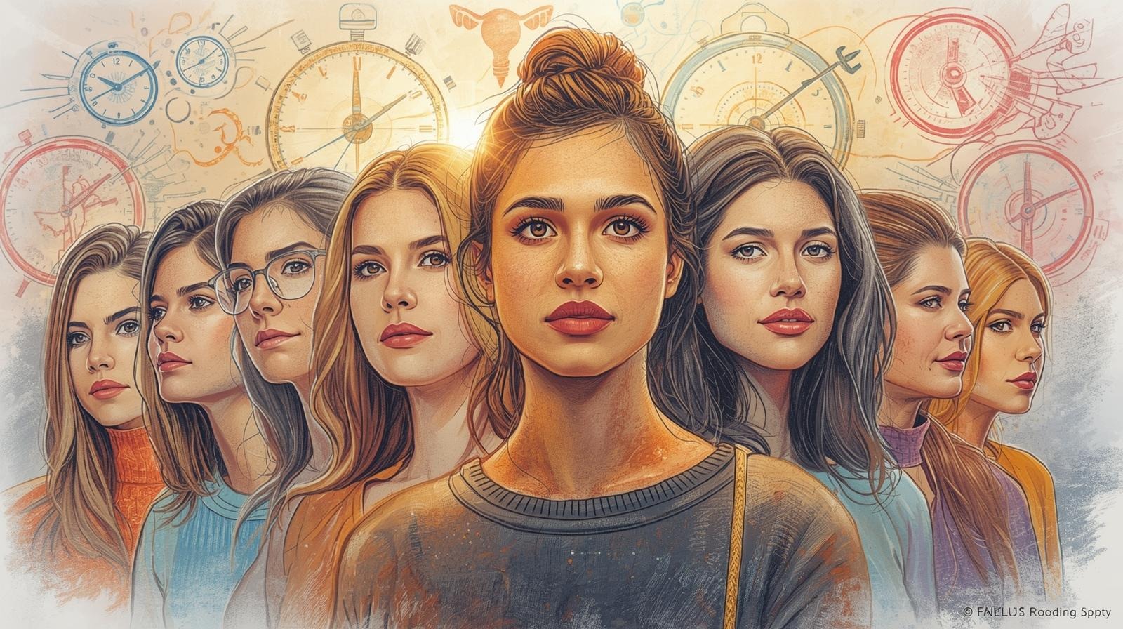 Mental health isn’t a vibe: The 7 areas most Women ignore until They crash 1 Illustration of diverse women facing forward with clocks and time icons behind them, symbolizing time pressure, burnout, and mental health.