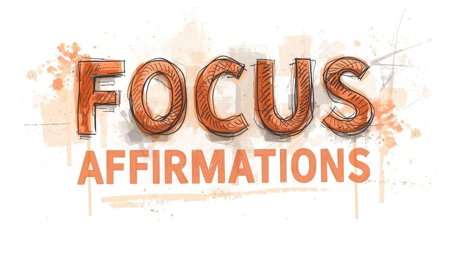 : Focus affirmations typography illustration with orange hand-drawn lettering on a watercolor splash background.