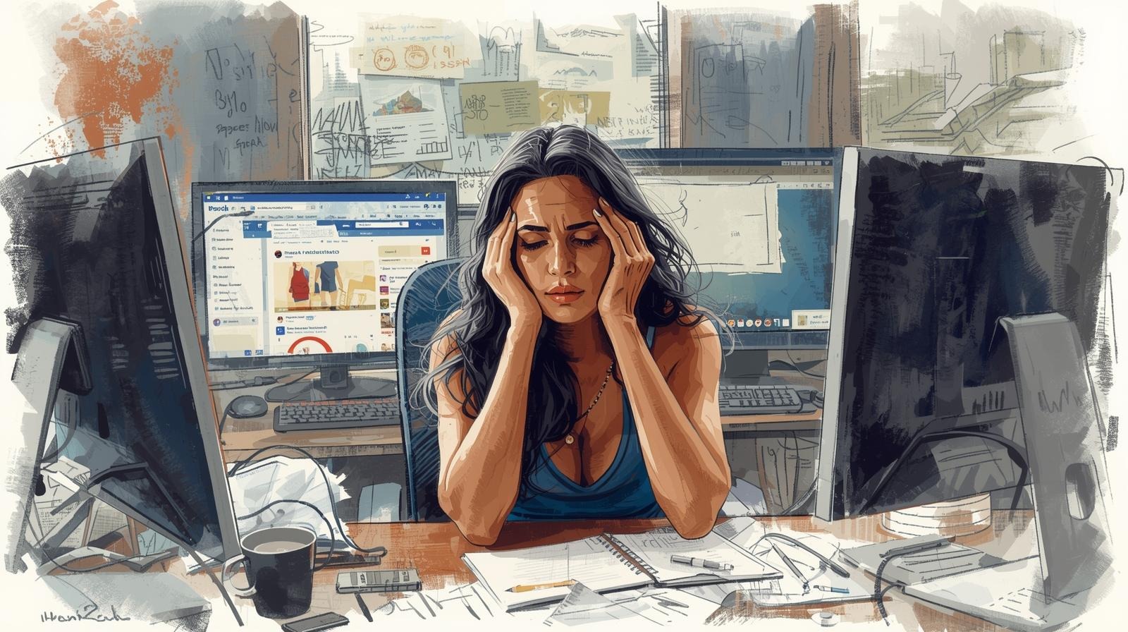 Stressed woman at a desk holding her head, surrounded by multiple screens and social media content, showing microtrend overload.