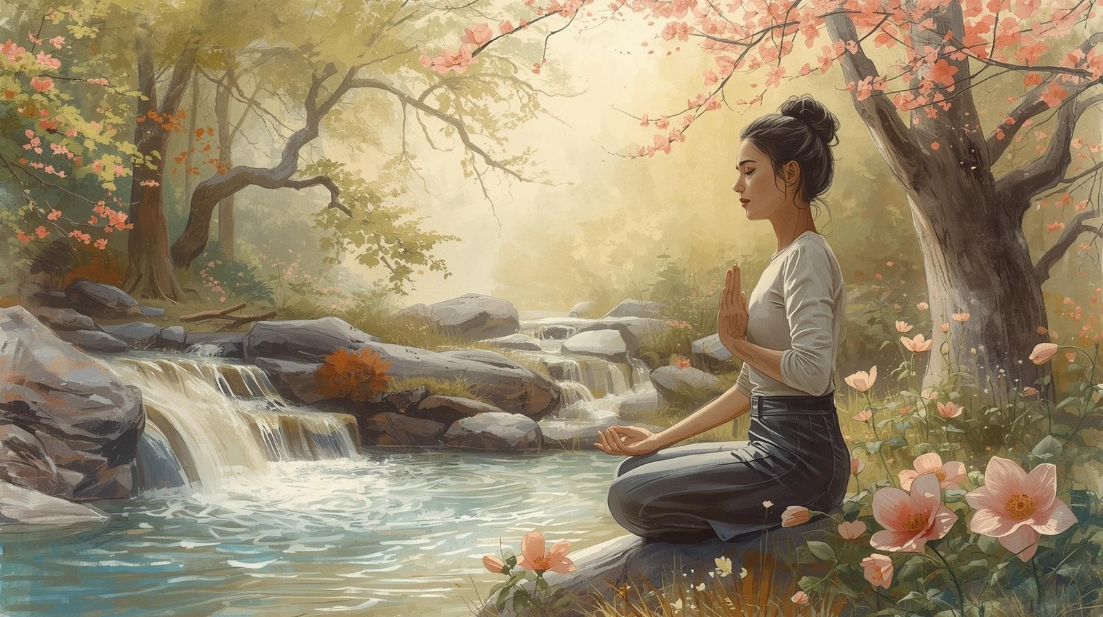Woman meditating by a forest stream in spring, calming her mood and helping recover after a hurtful comment.