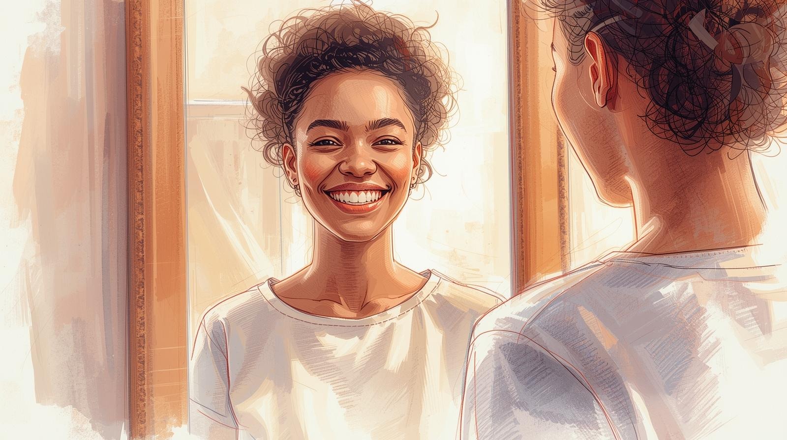 Smiling young woman looking at herself in the mirror, choosing self-love and gentle humor instead of a self-hate joke.