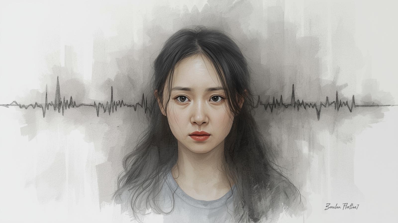 Illustration of a young woman with a distant expression and an emotional flatline heartbeat line behind her, symbolising emotional numbness.