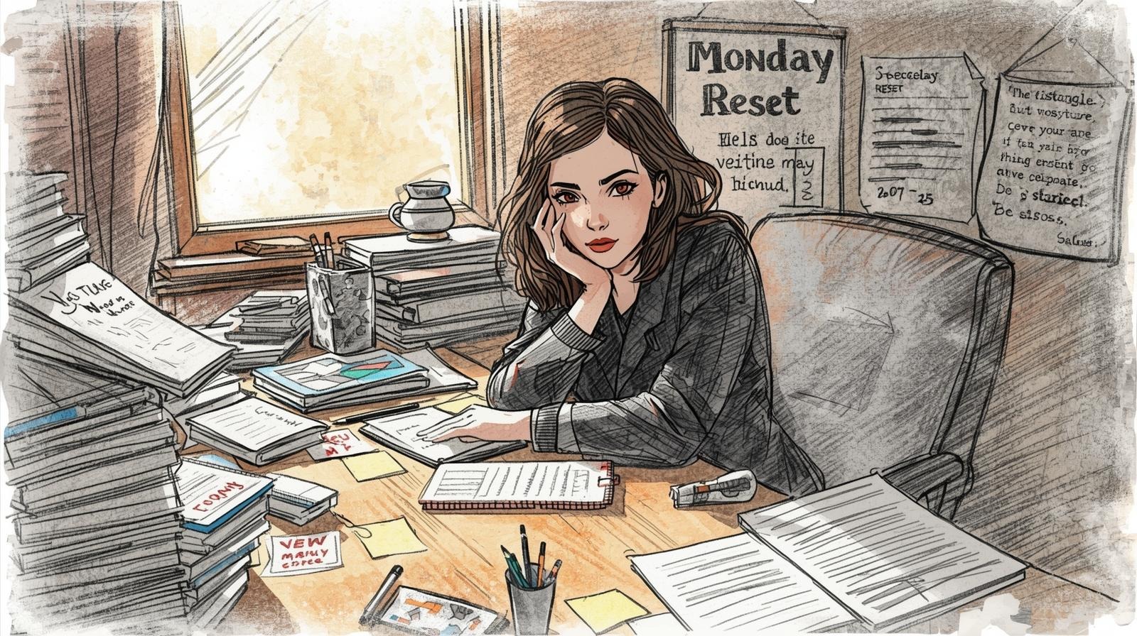 Illustration of an overwhelmed woman at a cluttered desk with stacks of papers and a “Monday Reset” poster, capturing the monday reset addiction mindset.