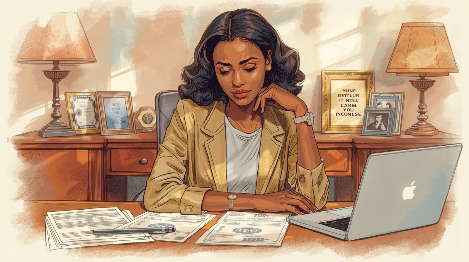 The silent panic of being the first Woman in Your family to make real money 1 Professional woman reviewing money documents at her desk, laptop open and family photos in the background.