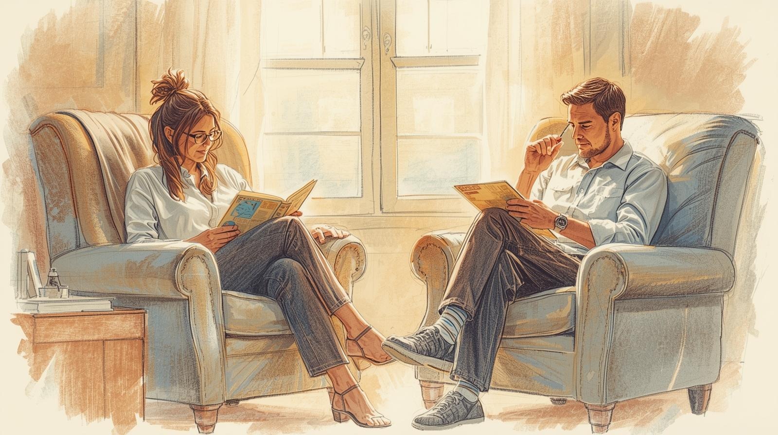 Illustration of a couple reading in separate armchairs, feet touching—parallel play in a calm living room.