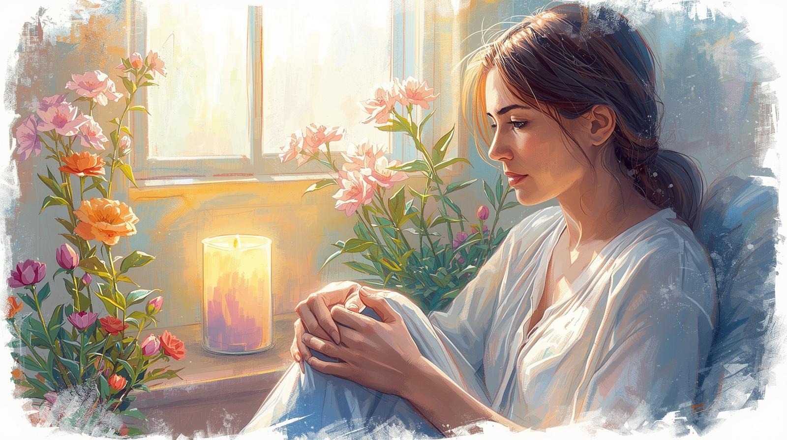 Watercolor illustration of a woman by a window with a candle and flowers, reflecting on pregnancy loss and infertility.