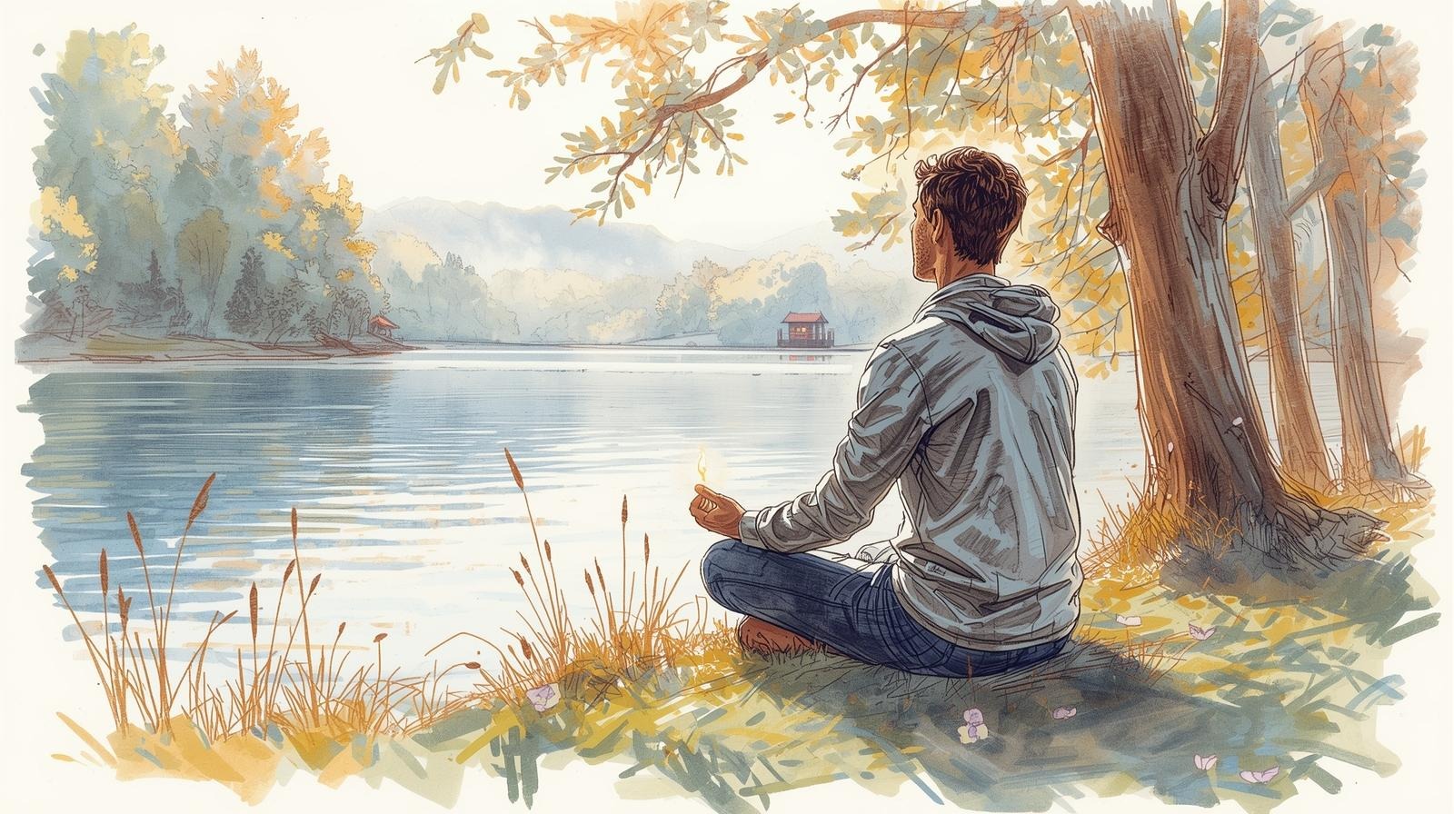 Person meditating by a calm lake under trees at sunrise, embodying quiet confidence and inner steadiness.