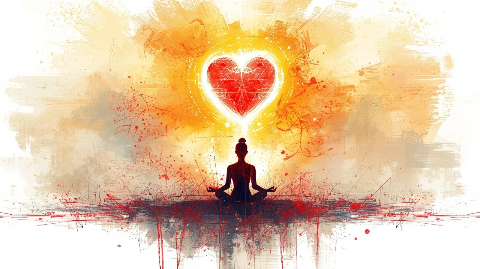 Illustration of a woman meditating beneath a glowing heart, symbolizing a 30 day guide to healing self-worth and inner love.