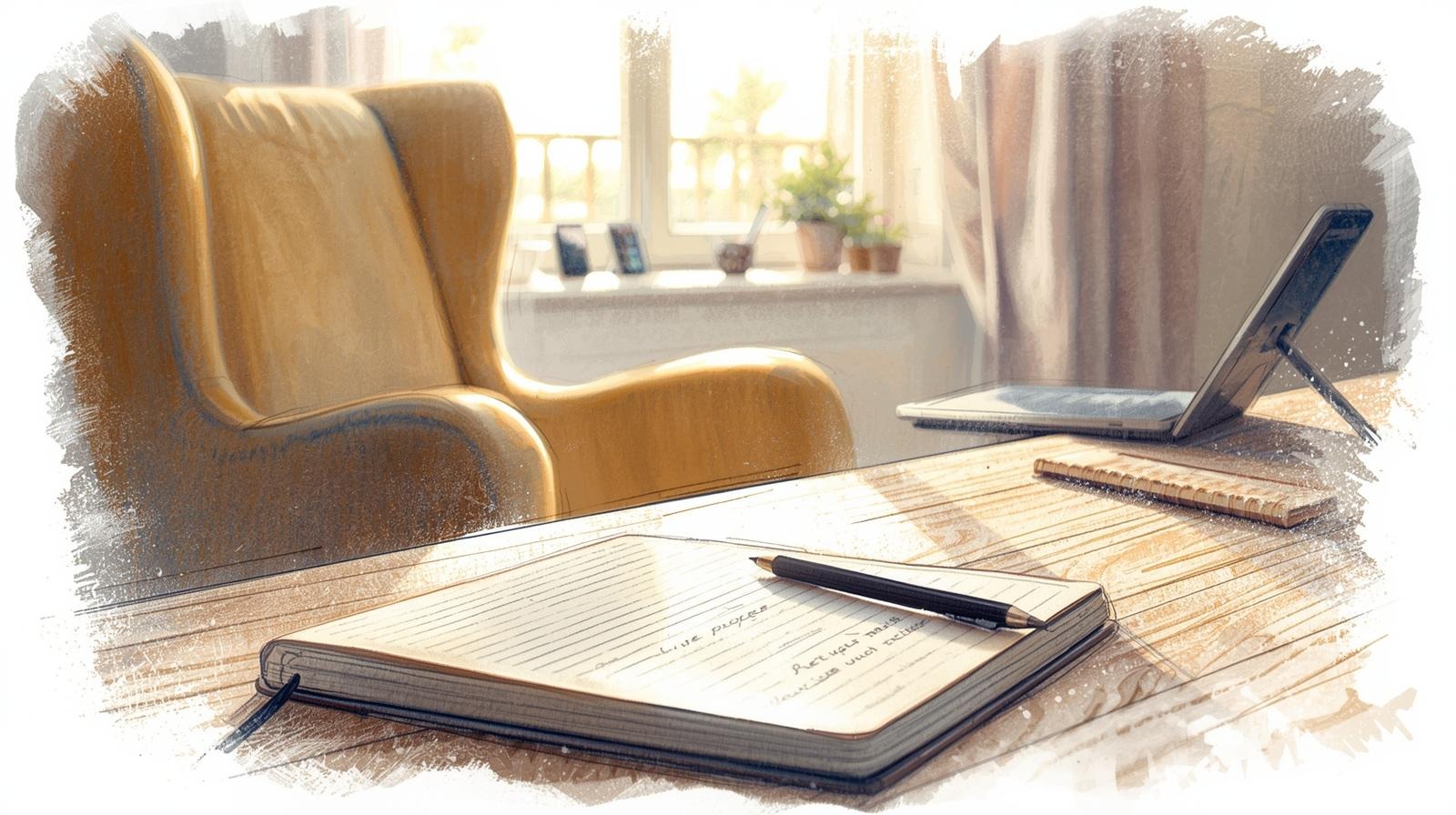 Sunlit desk with an open notebook and pen beside a tablet, representing an anti advice spiral reset routine for calmer, intentional learning.