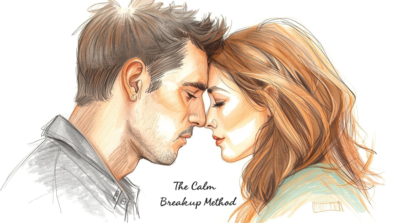 The calm breakup method: How to leave without begging, proving, or performing 1 Watercolor sketch of a couple touching foreheads, symbolizing a calm breakup and gentle closure, with the text “The Calm Breakup Method”.