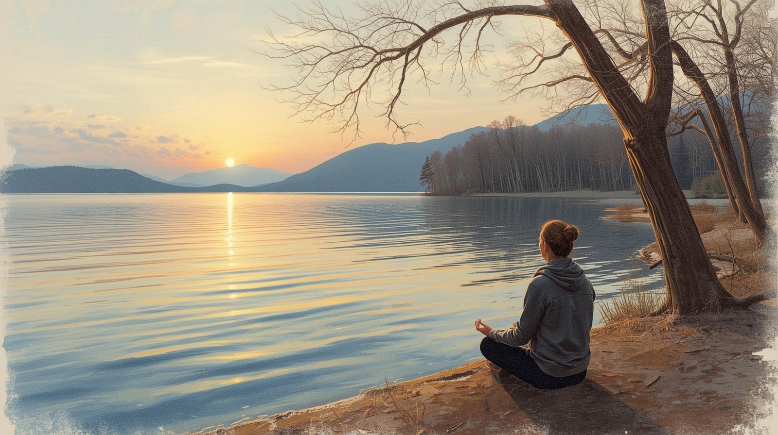 Person meditating by a calm lake at sunrise, pausing to regain calm after a criticism comment.
