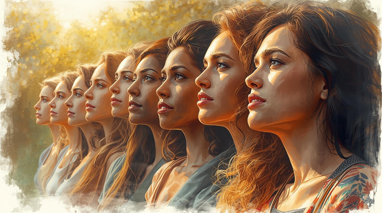 Diverse women in side profile looking ahead in warm sunlight, symbolizing emotional clarity, self-trust, and inner strength.