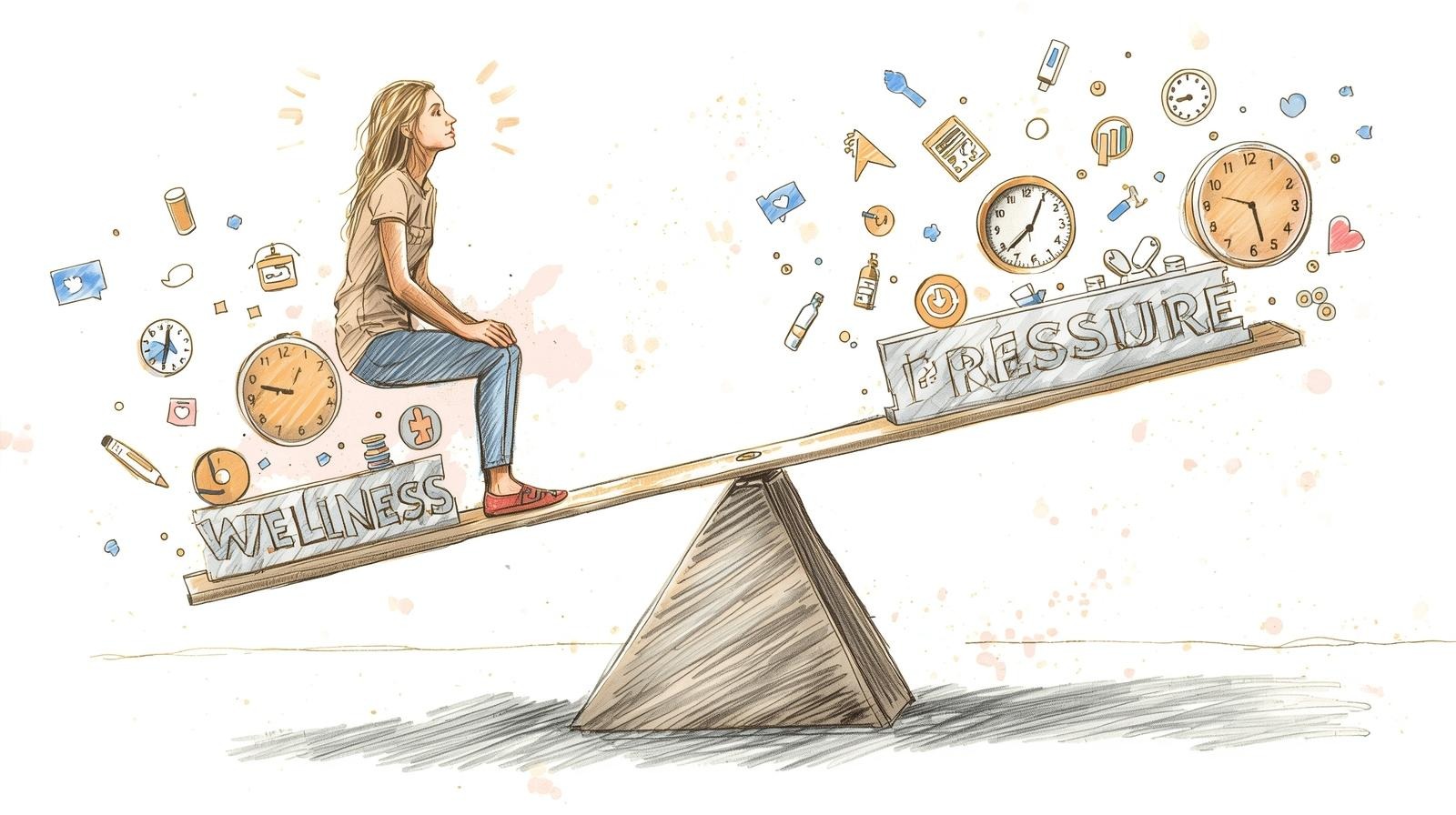Illustration of a woman on a seesaw balancing wellness against pressure, representing cortisol culture and constant self-optimization.