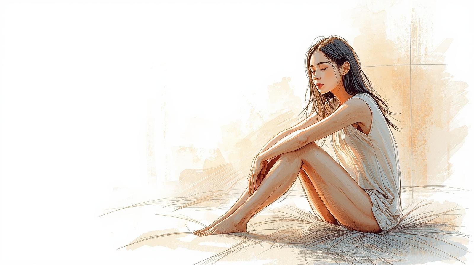 Calm crash: watercolor illustration of a woman sitting with knees hugged, eyes closed, in a quiet minimal space.
