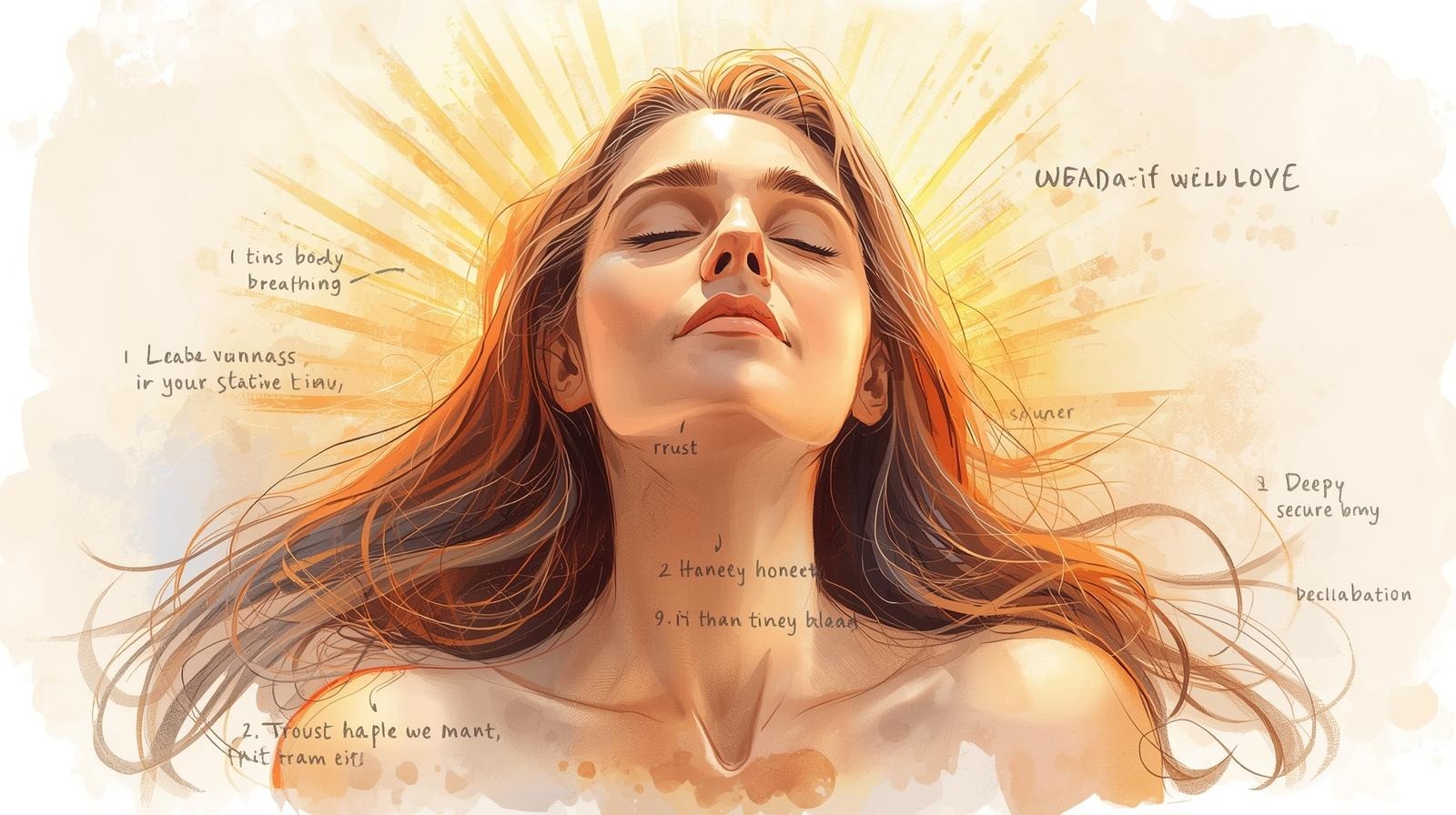 Illustration of a woman with closed eyes, calm breathing, and warm light around her, symbolizing secure love and body safety.