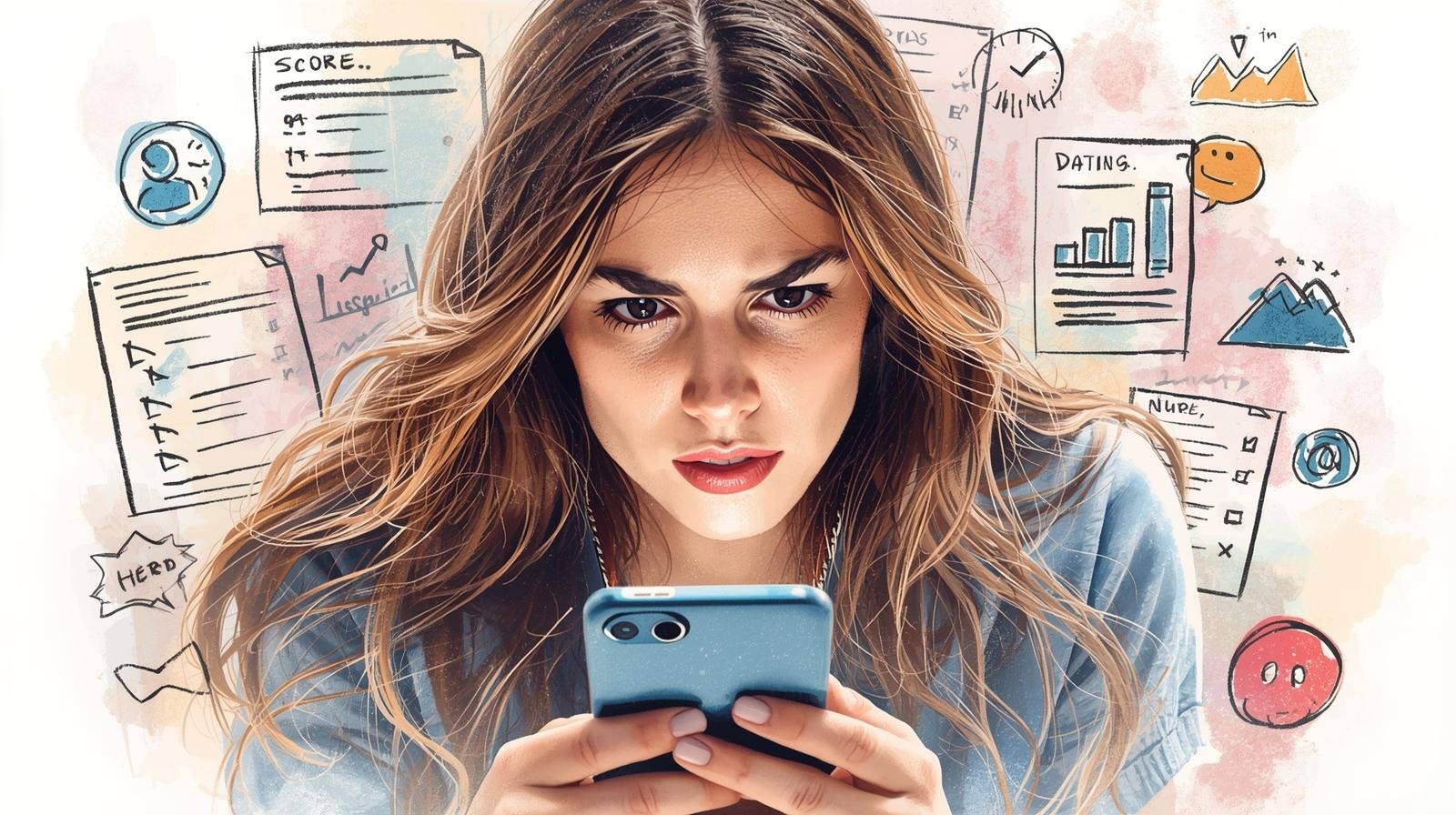 An anxious woman looks at her phone, surrounded by checklists, charts, and a “score” sheet—pressure linked to high value dating.