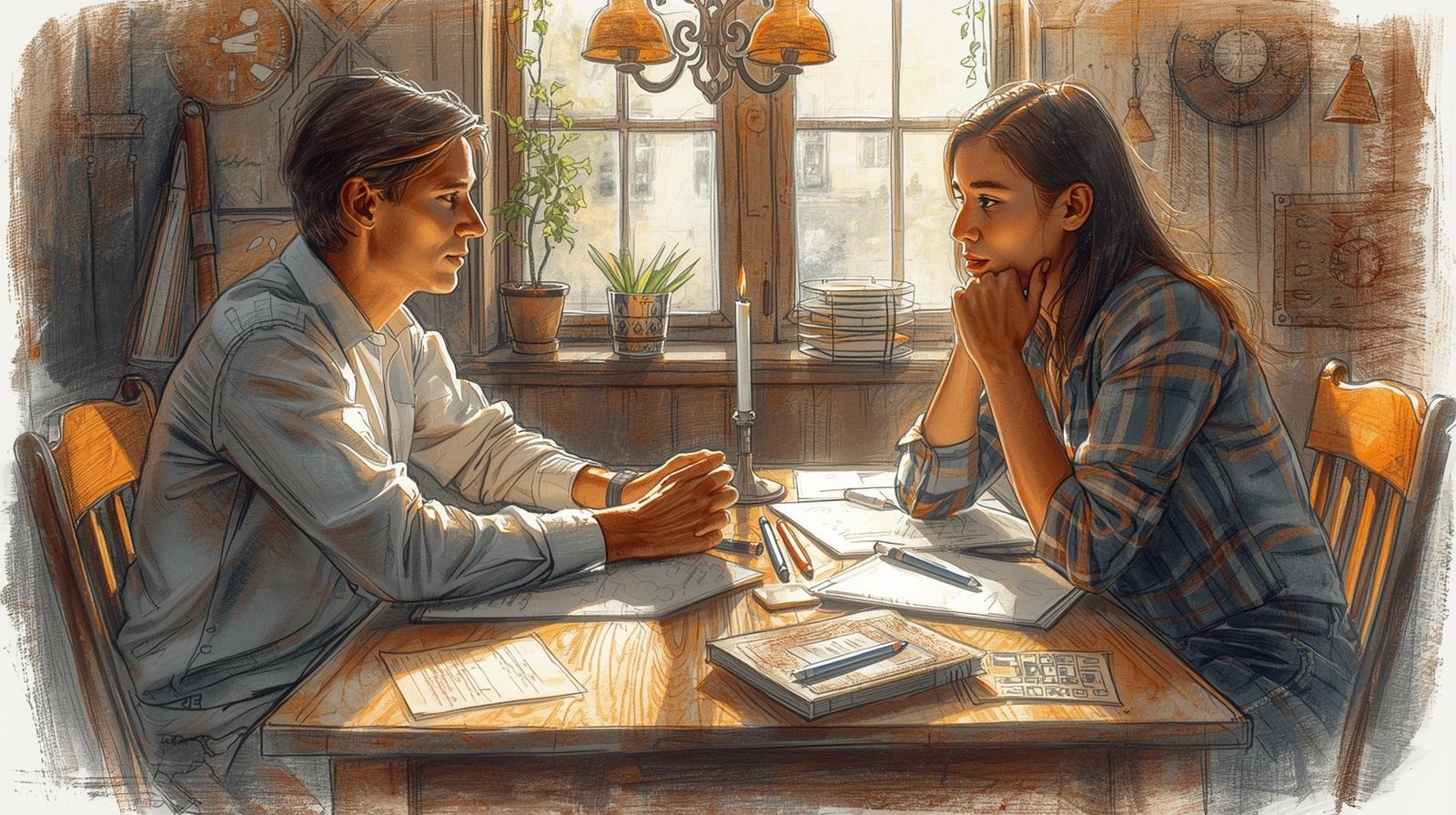 Couple having a calm, serious conversation at a kitchen table with papers and notes, practicing fairness scripts to rebalance responsibilities.