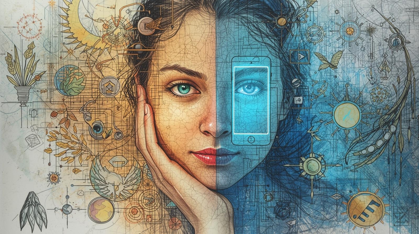 Split portrait of a woman, half warm and half blue with a smartphone overlay and icons, symbolizing self-help and performative healing online.