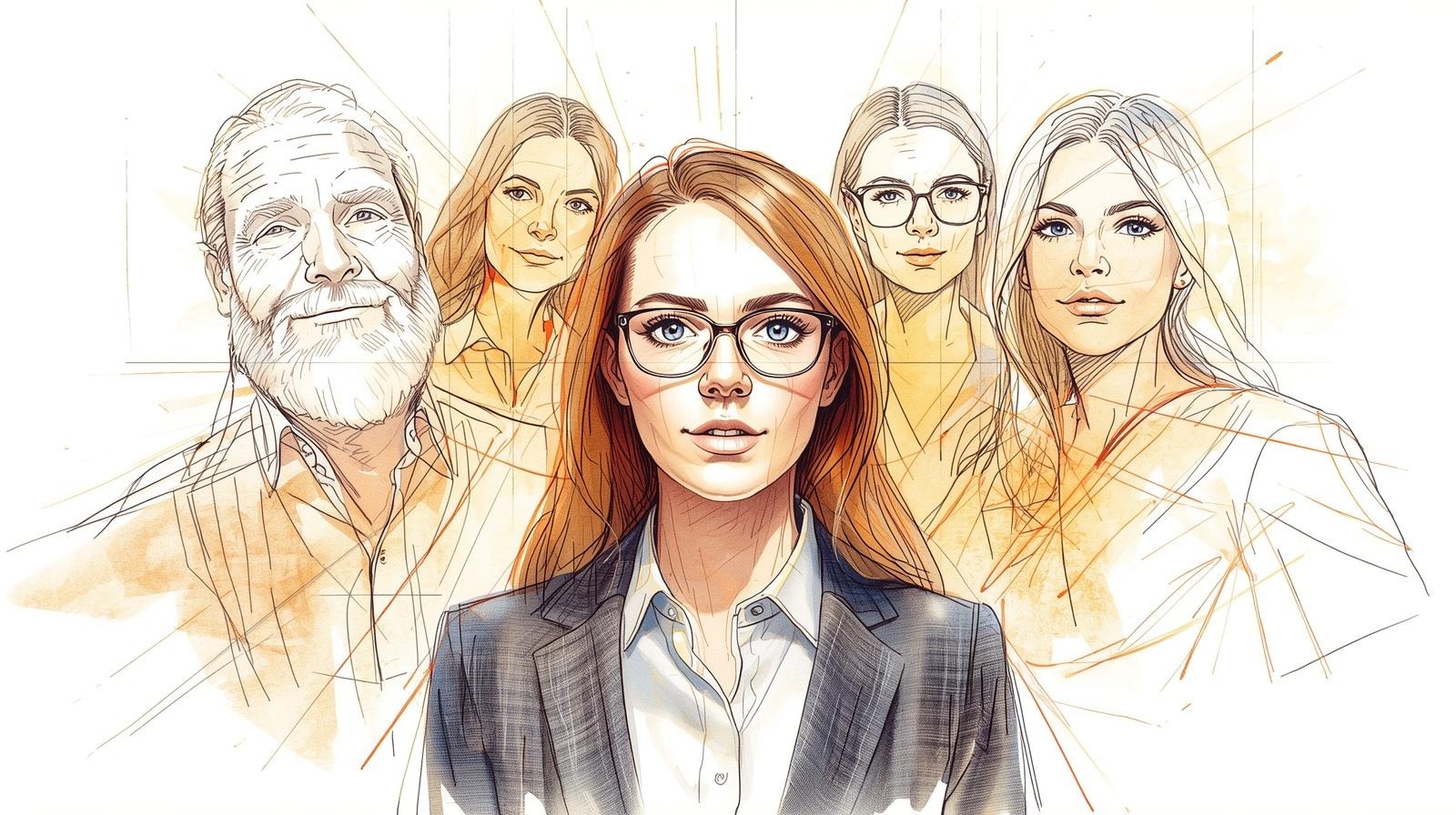 HR-safe communication: a confident professional woman in glasses standing in front of a diverse team, business illustration