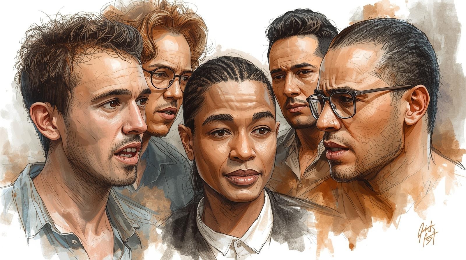 The “Men are trash” shortcut: How to name harm without dehumanizing and still hold Men accountable 1 Watercolor-style illustration of five people in a tense conversation about “men are trash” and how to name harm without dehumanizing.