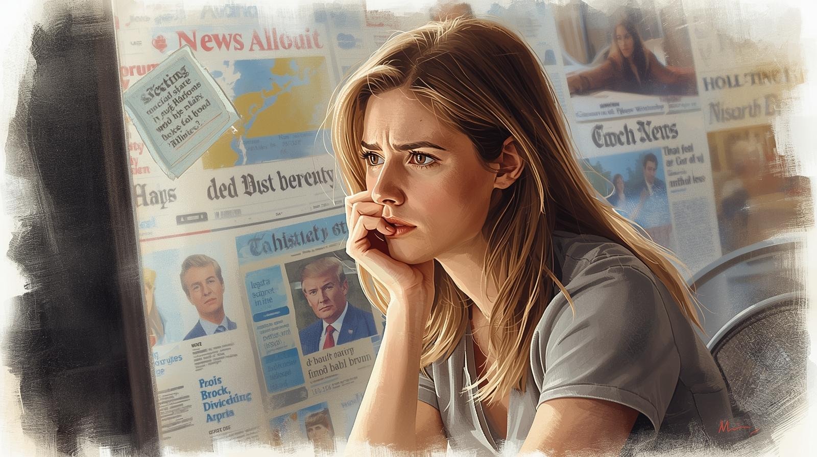 An anxious woman resting her chin on her hand, surrounded by headlines and screens, overwhelmed by modern news.