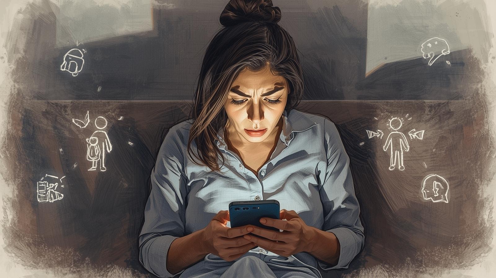 Stressed woman scrolling on her phone, overwhelmed by online advice and mental noise icons around her.