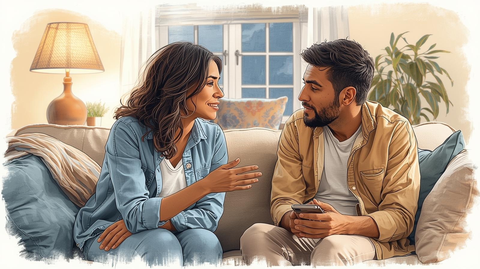 Couple sitting on a couch having a calm talk; stay calm approach with a defensive partner during a relationship conversation.