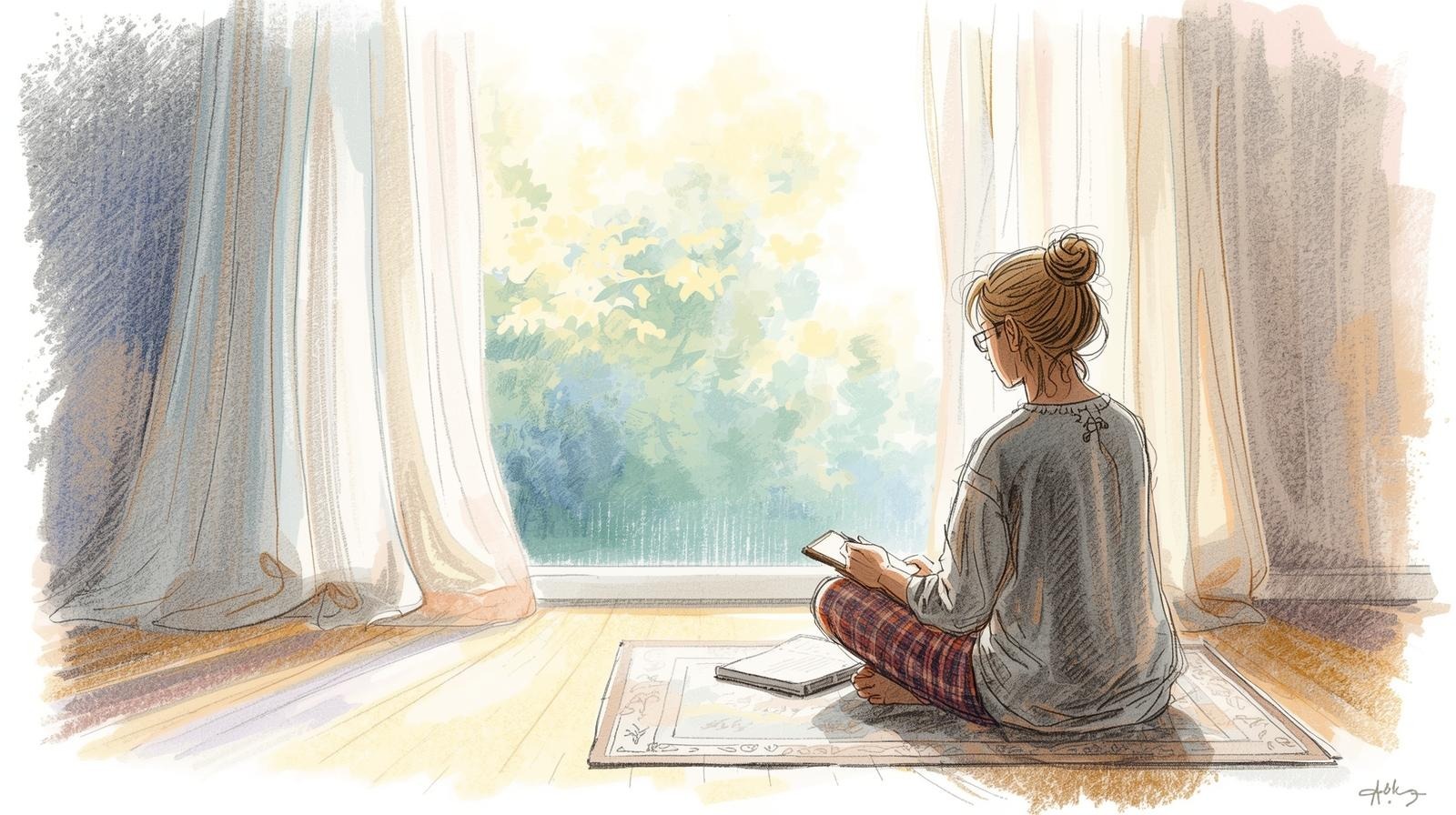 How to stop letting tomorrow steal today’s peace 1 Woman sitting on a rug by a sunlit window, journaling in a calm morning space — stop tomorrow stealing peace.
