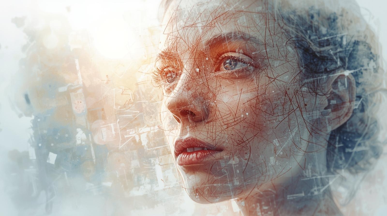 Abstract close-up portrait with digital line overlay, symbolizing how compliments and self love can feel hard to receive.