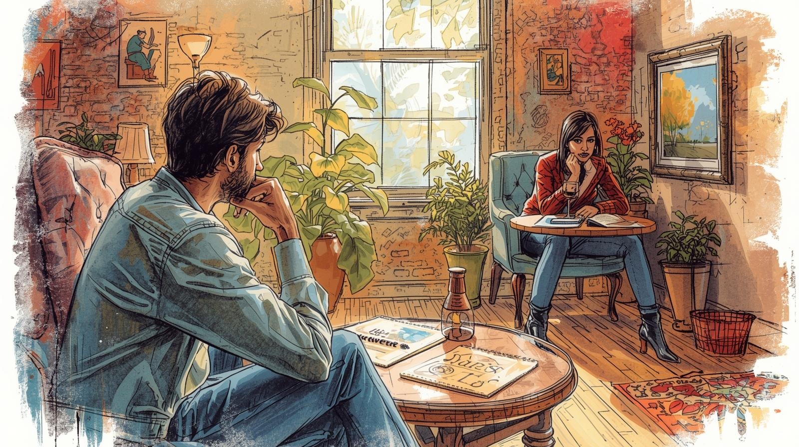 Illustration of a couple sitting apart in a cozy room, reflecting tension and distance in a fantasy relationship built on hope more than reality.