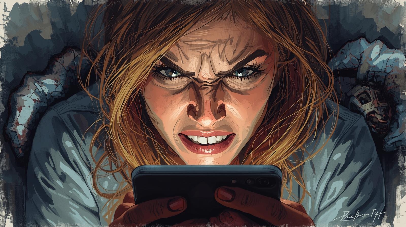Angry woman staring at her phone, triggered by rage bait content on social media