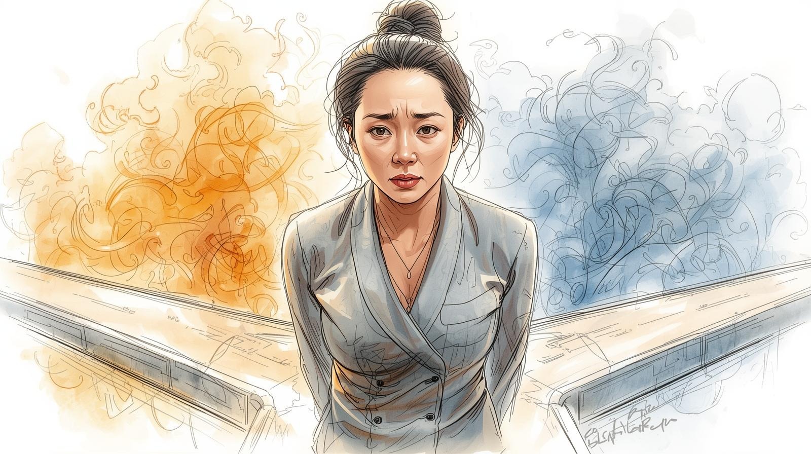 Illustration of a worried woman between orange and blue swirling smoke, symbolizing the inner conflict of speaking the truth.