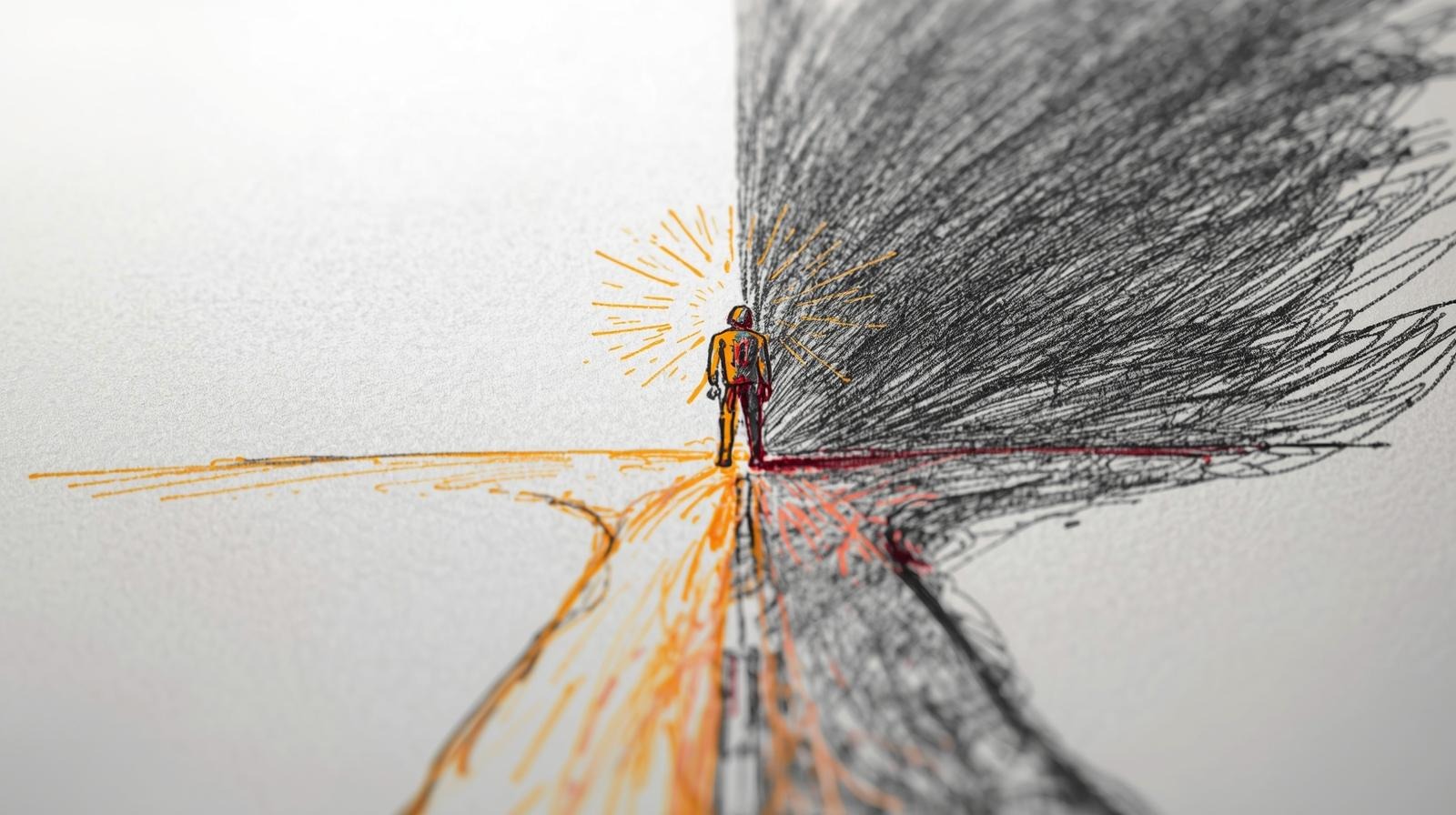 Sketch of a person standing on the edge of light and shadow, questioning how to like themselves when their self worth feels tied to being useful.