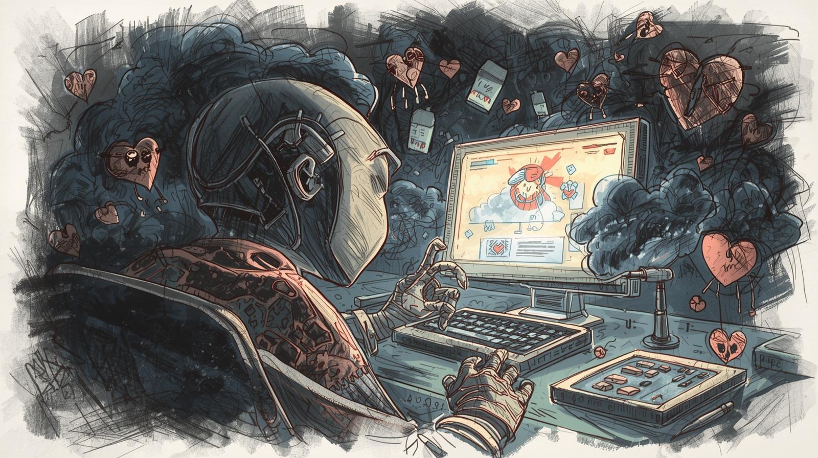 Illustration of a robot using AI chatbots on a computer as dark clouds and broken hearts surround the screen, symbolizing mental health risks.