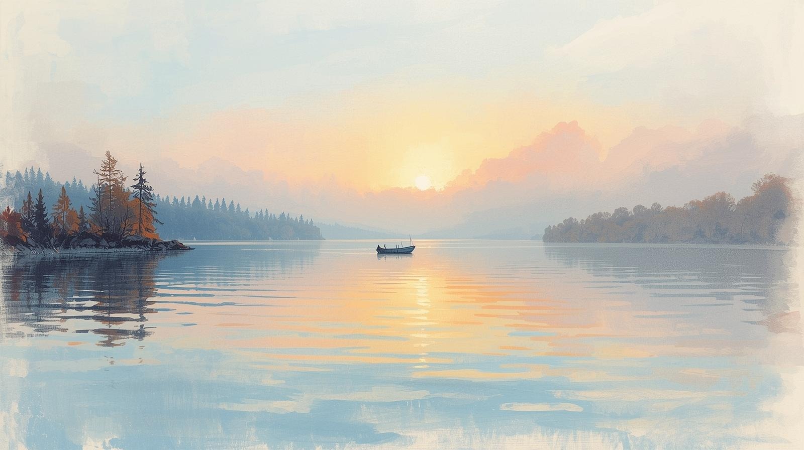 Calm sunrise over a misty lake with a lone boat, reflecting quiet closure and gentle life in soft watercolor tones.