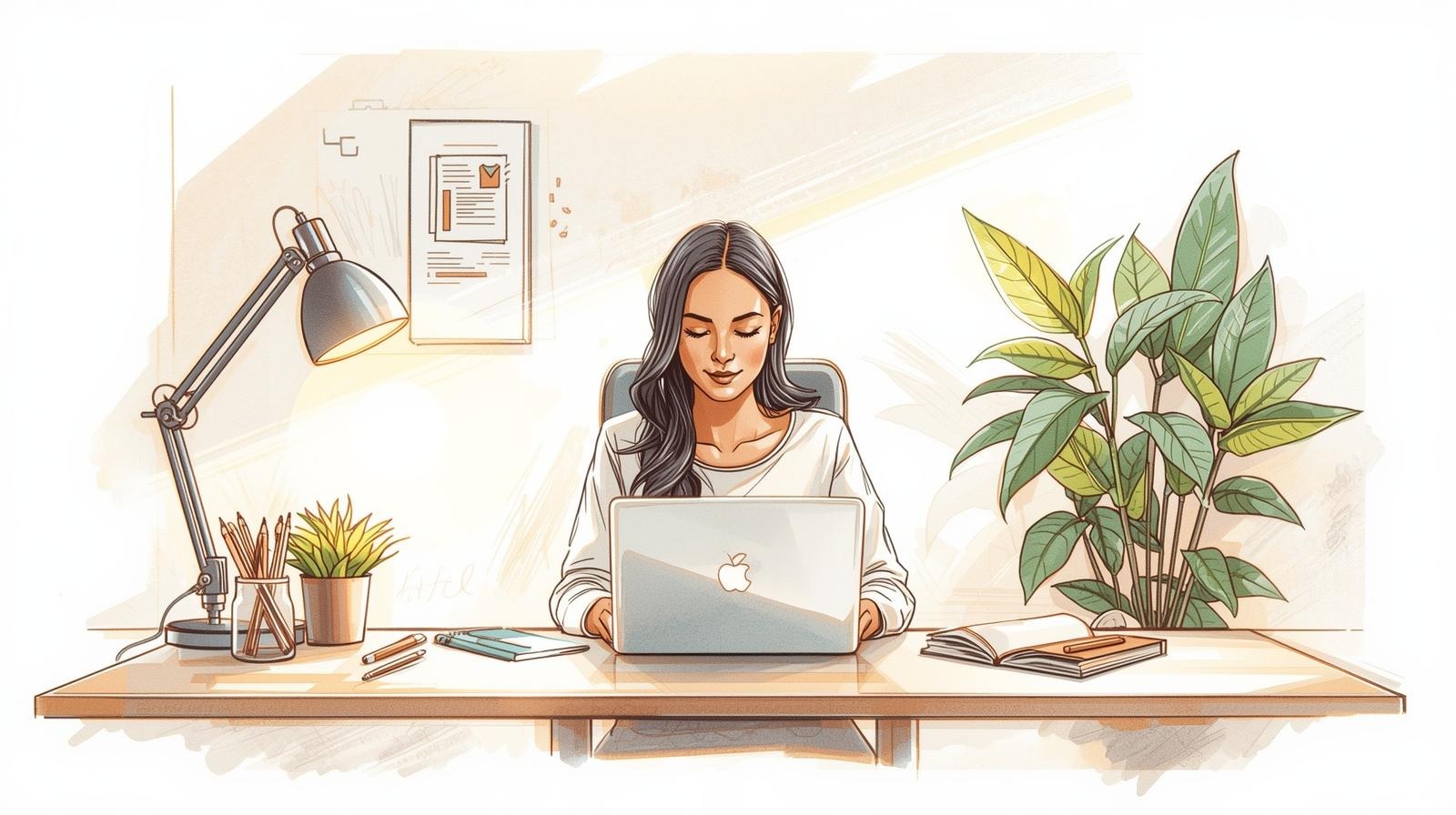 Calm woman working at a tidy desk on a laptop, illustrating career cushioning as a gentle alternative to job hugging.