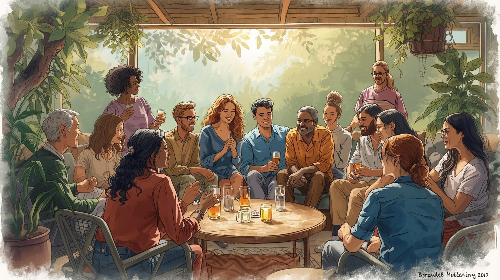 Group of friends talking in a cozy, plant-filled room—illustration of community support and distributed intimacy.